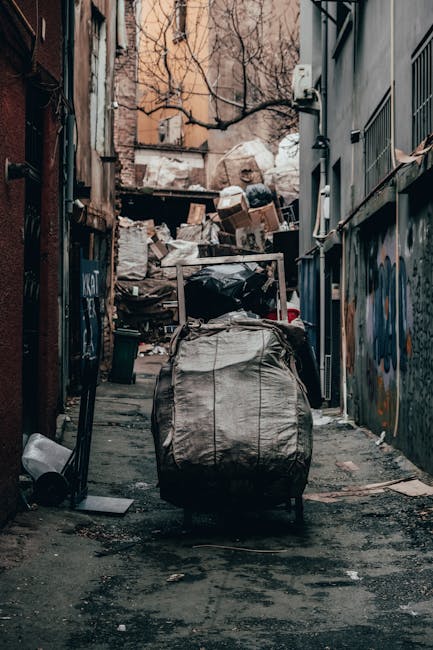 A large, black plastic garbage bag is positioned in the centre of a narrow alleyway, with a metal trolley partly loaded with additional rubbish bags and smaller debris. Surrounding the trolley are scattered litter, a plastic bottle, and pieces of cardboard on the damaged asphalt ground. On the left side of the alley, there are dark, weathered brick walls with some graffiti, while on the right, a building with grey metal security grilles and pipes attached to the wall are visible. In the background, an overflowing pile of mixed waste, including cardboard boxes, plastic and paper bags, and other discarded items, is stacked against a makeshift wooden barrier and a small set of stairs leading to a nearby structure. Bare tree branches extend over the alley from the upper corners, and muted natural lighting suggests an overcast day. The scene reflects a setting that might be suitable for private waste collection or rubbish removal services, such as those offered by Waste Removal Knightsbridge, especially in contexts where alternative waste handling is necessary in congested urban environments.